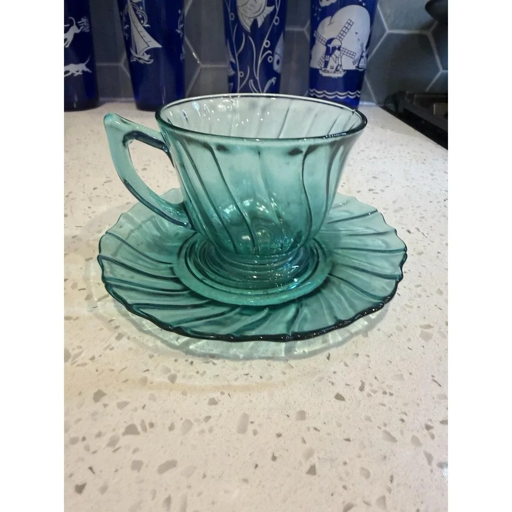 Jeannette Swirl Ultramarine Teal Tea Cup And Saucer Mid Century Depression Glass